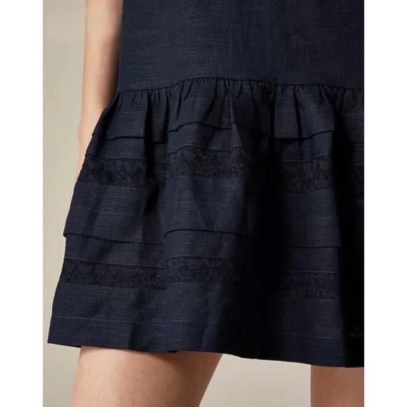 NWT!! J. CREW Maxine Ruffle Trim Dress Linen Navy Blue Drop Waist Lace Large - Picture 5 of 15